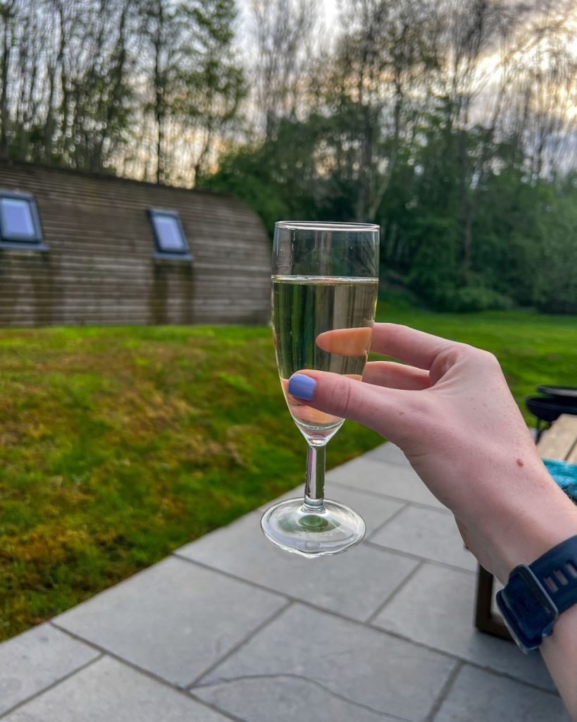 Hewn Yorkshire staycation glamping prosecco